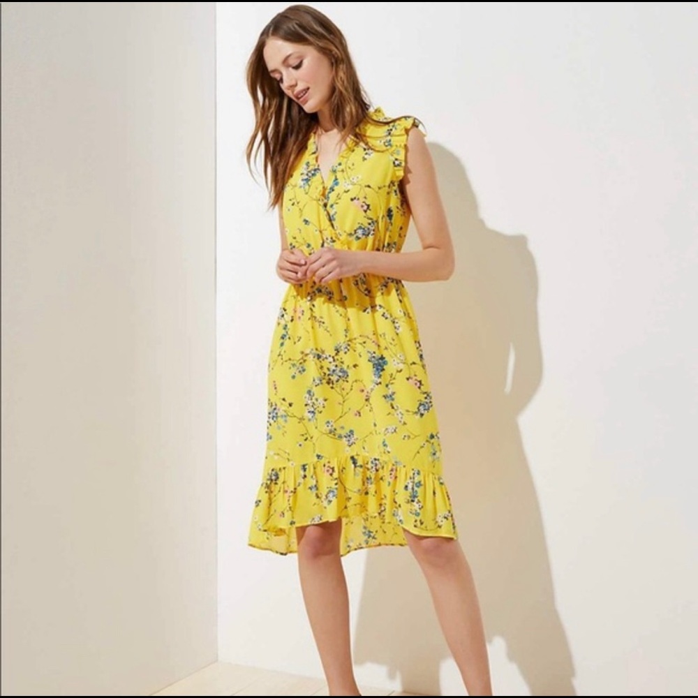 LOFT Dress Yellow Floral Ruffle Size 4